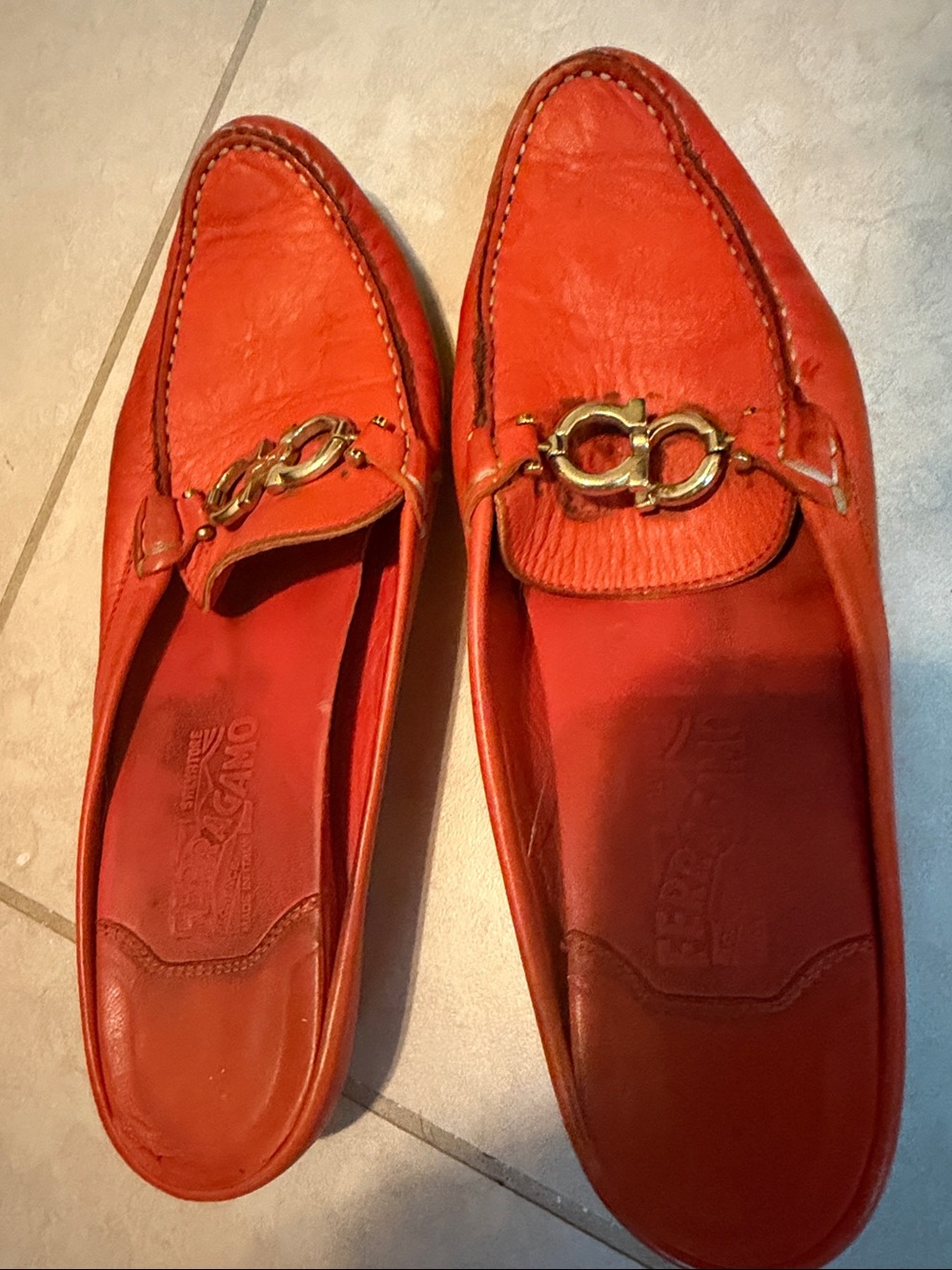 Salvatore Ferragamo Red-Orange Leather Bit Slip-On Loafers - Picture 5 of 5